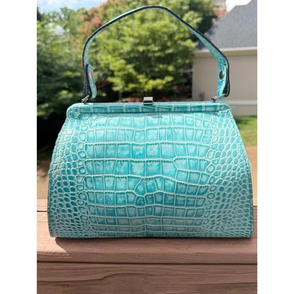 Patricia Nash Aqua Croc Leather Laureana Frame Satchel Bag